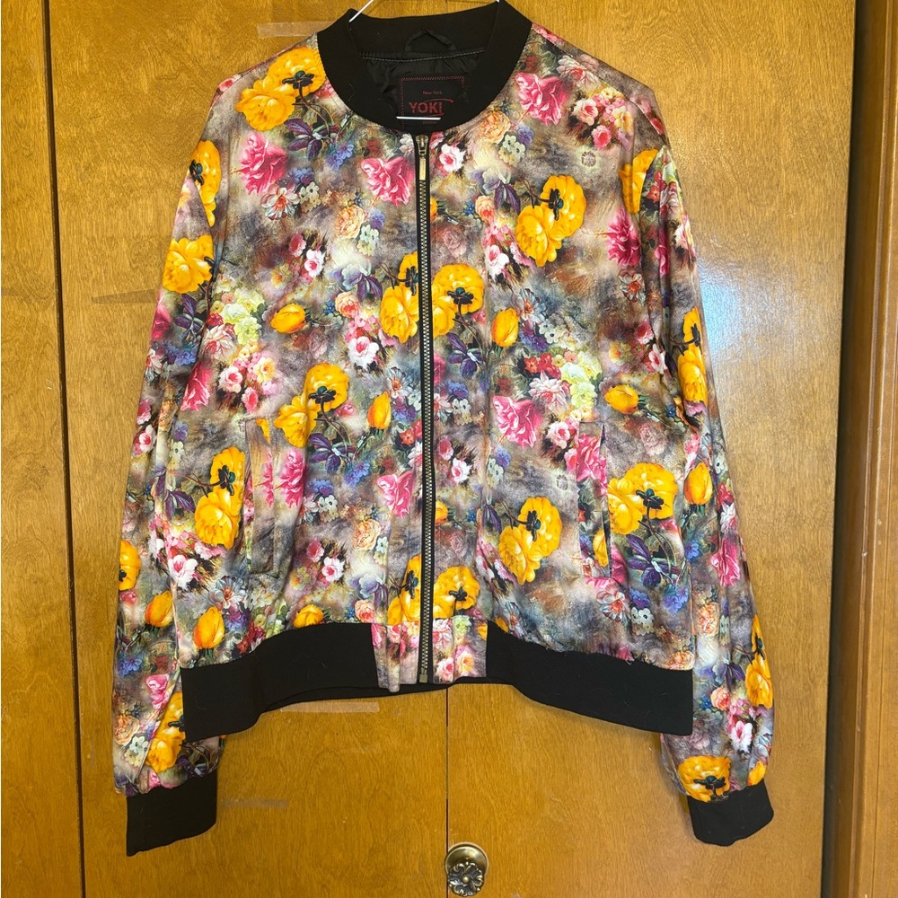 Yoki Women's Vibrant Floral Bomber Full Zip‎ Jacket 2X Pockets